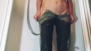 Pee in Army Leggings after Work before Cum